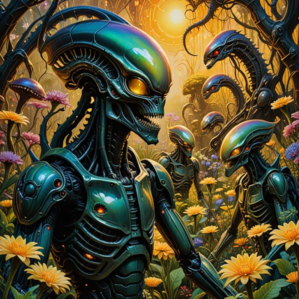 Surreal Xenomorphs in Biomechanical Garden Oil Painting