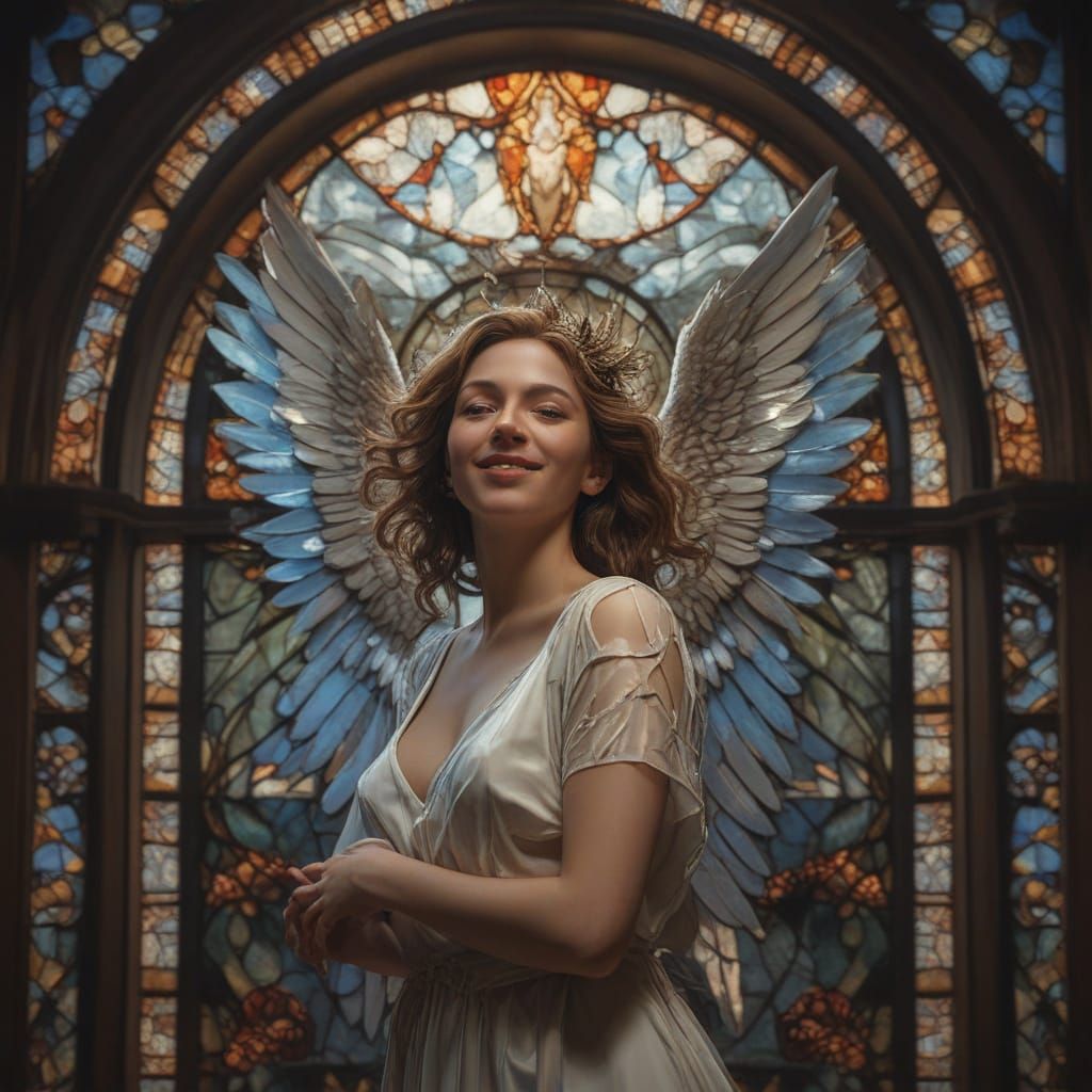 Hyper-Realistic Angel Emerges from Stained-Glass Masterpiece