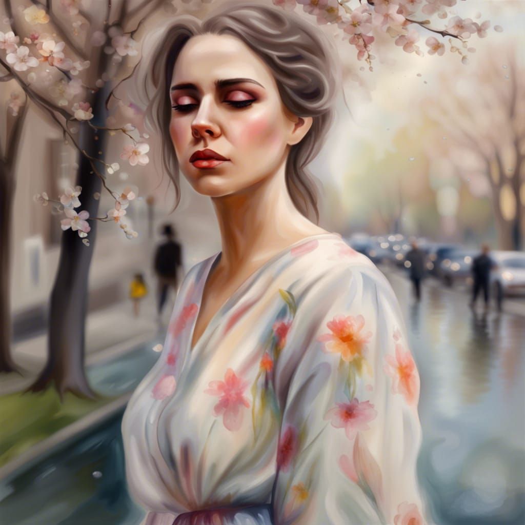 Sad Spring Lady Portrait in Watercolor Style