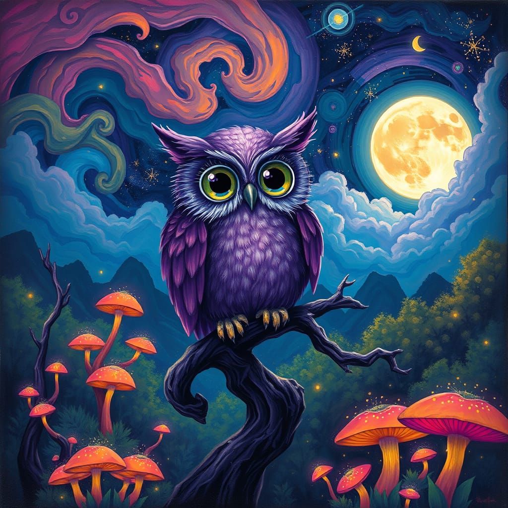 Whimsical Purple Owl Perched in a Dreamlike Neon Forest