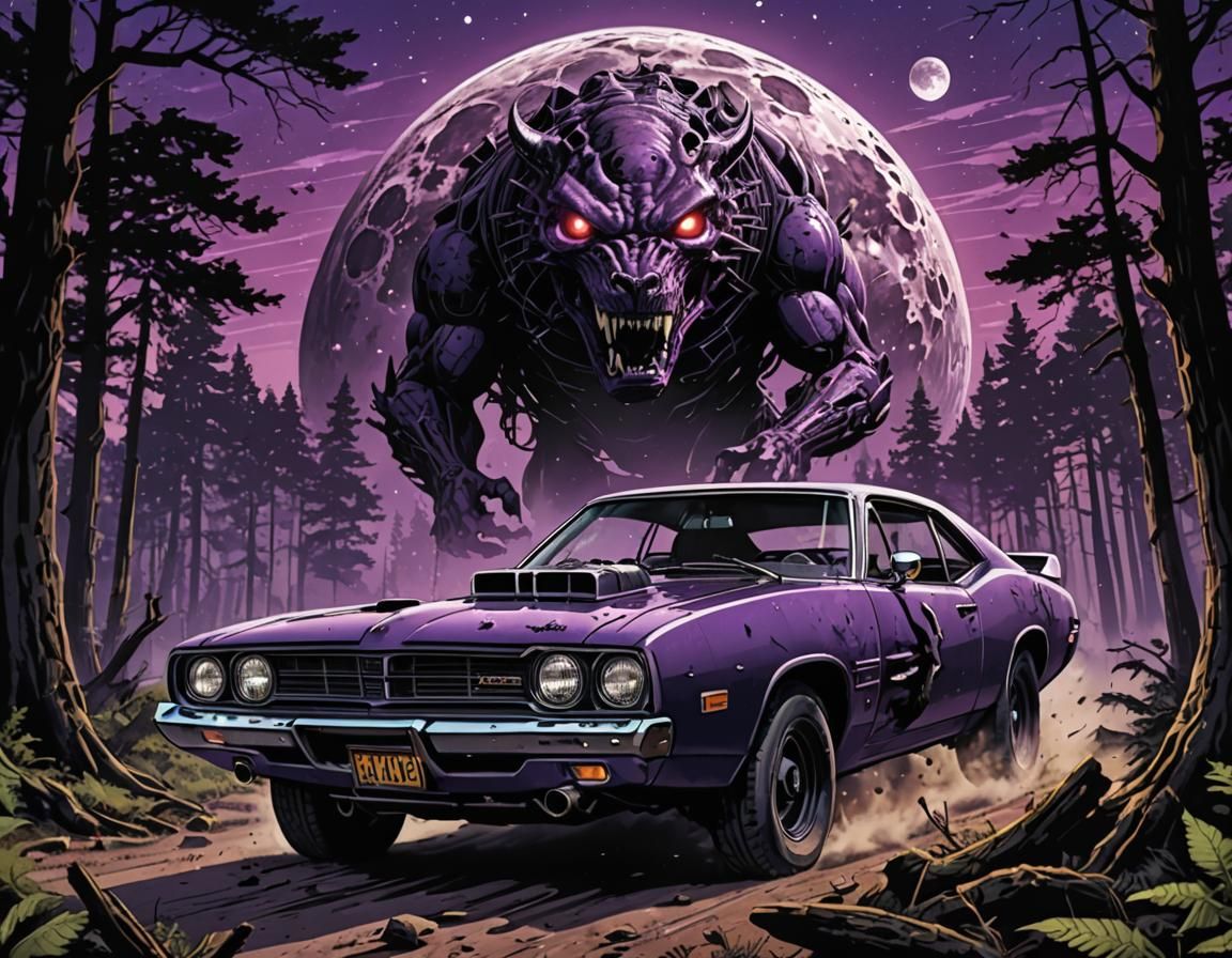 A Dodge muscle car in a serene forest setting