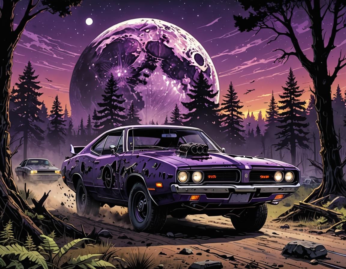 A Dodge muscle car in a serene forest setting