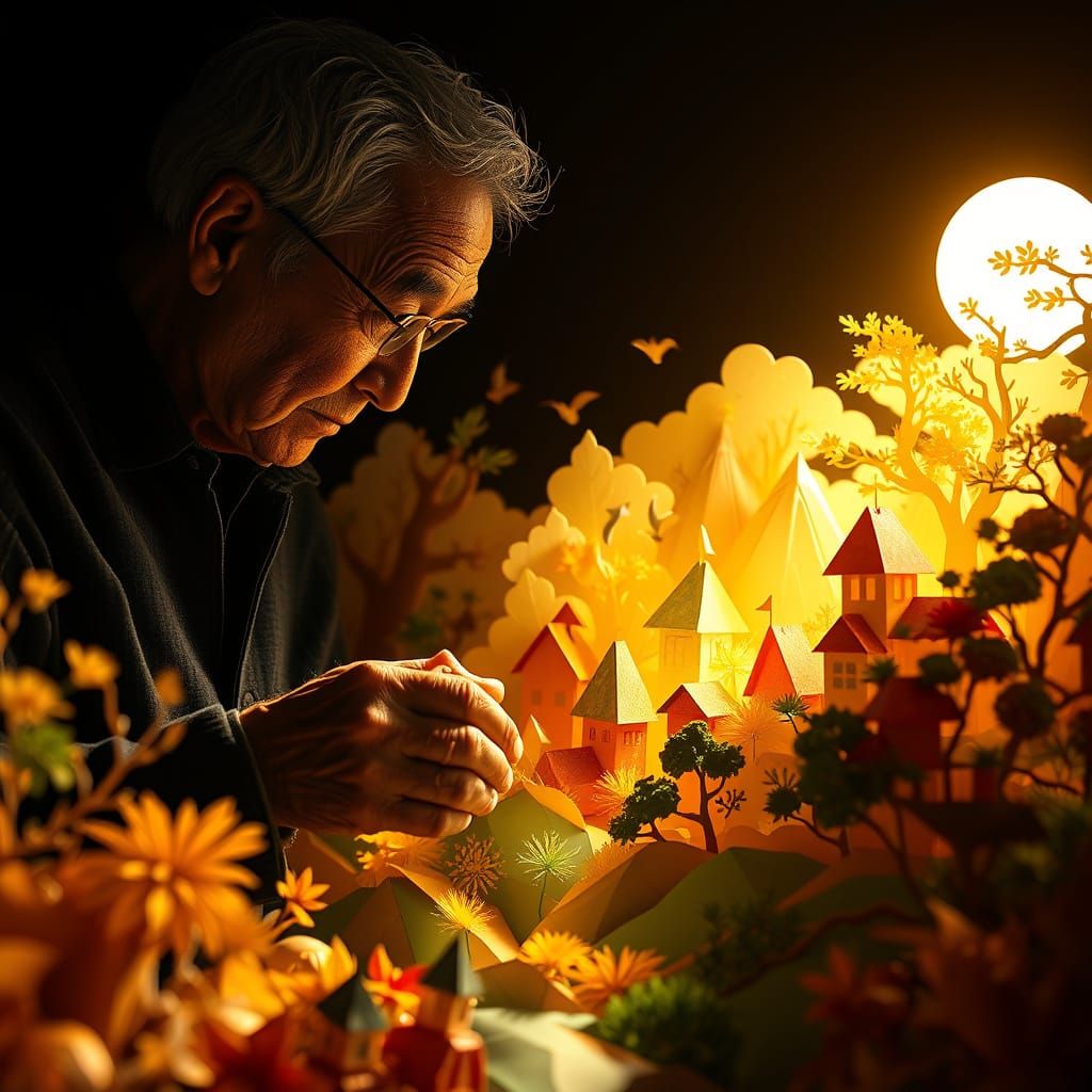 Craftsman Folds Origami Sunlit Forest Village