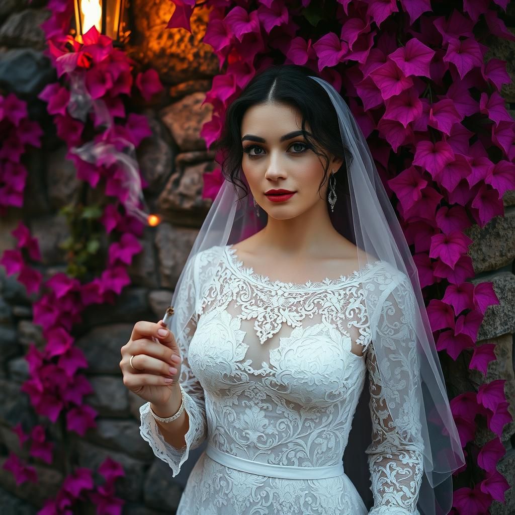Bride with Cigarette in Dreamlike Film Noir Style