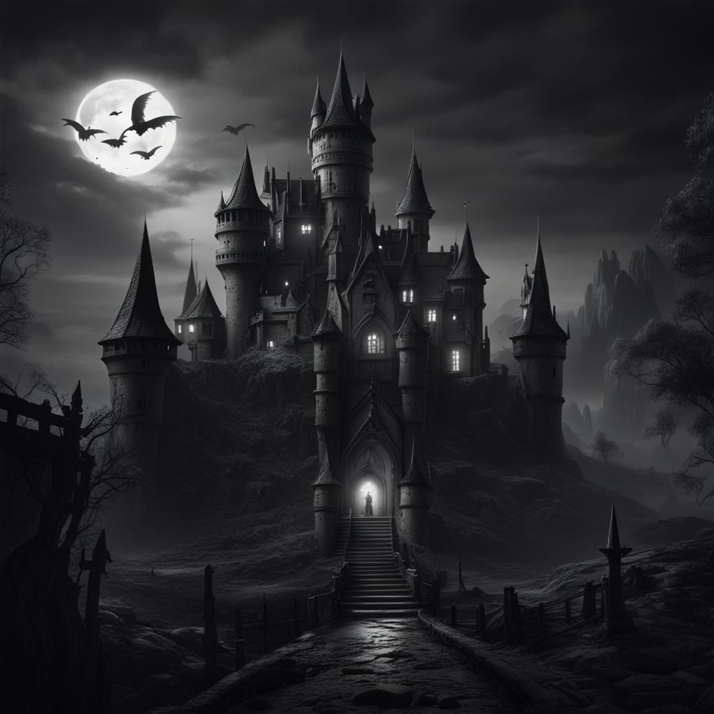 Creepy Castle at Night in Black and White