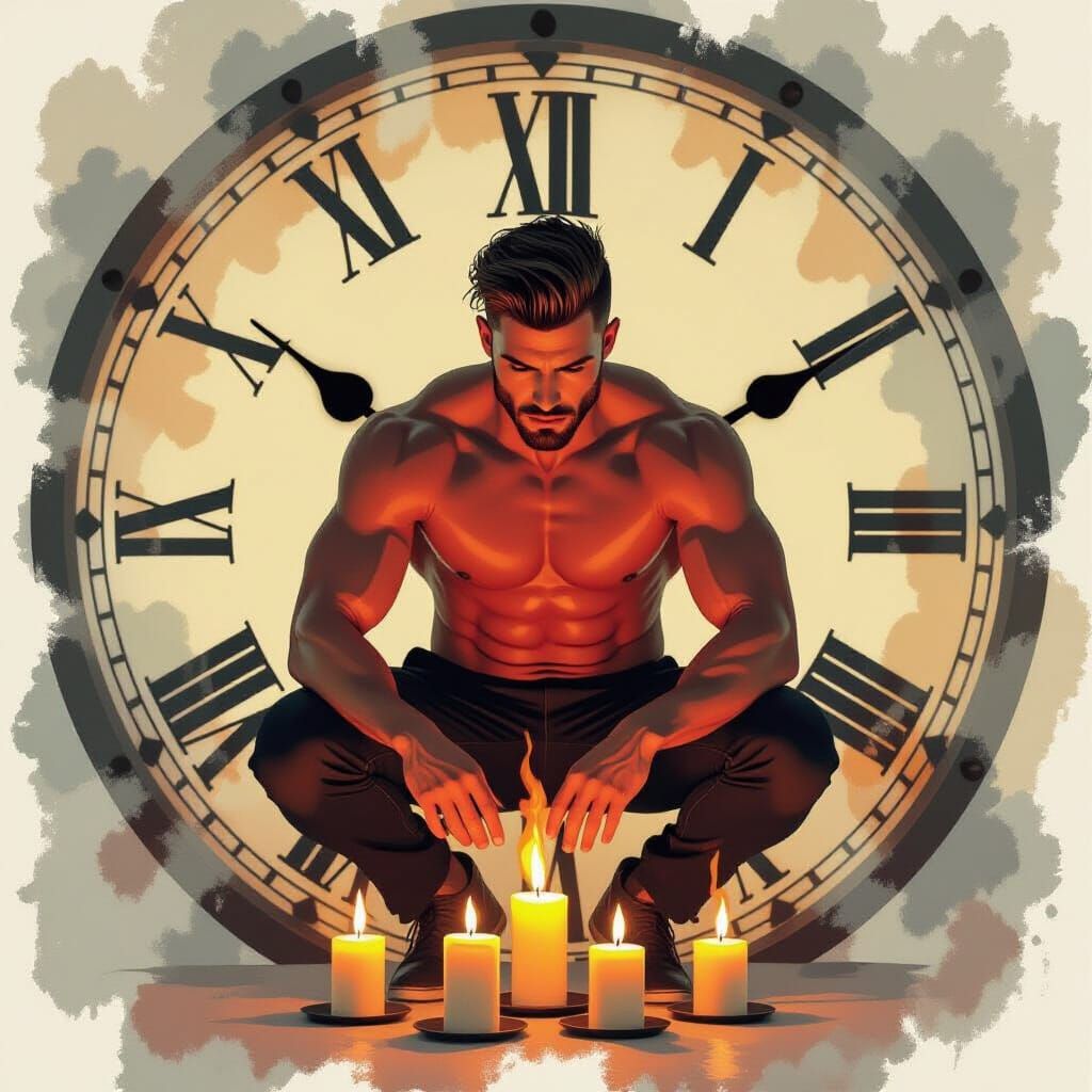 Double Exposure of Man Before Clock and Flames