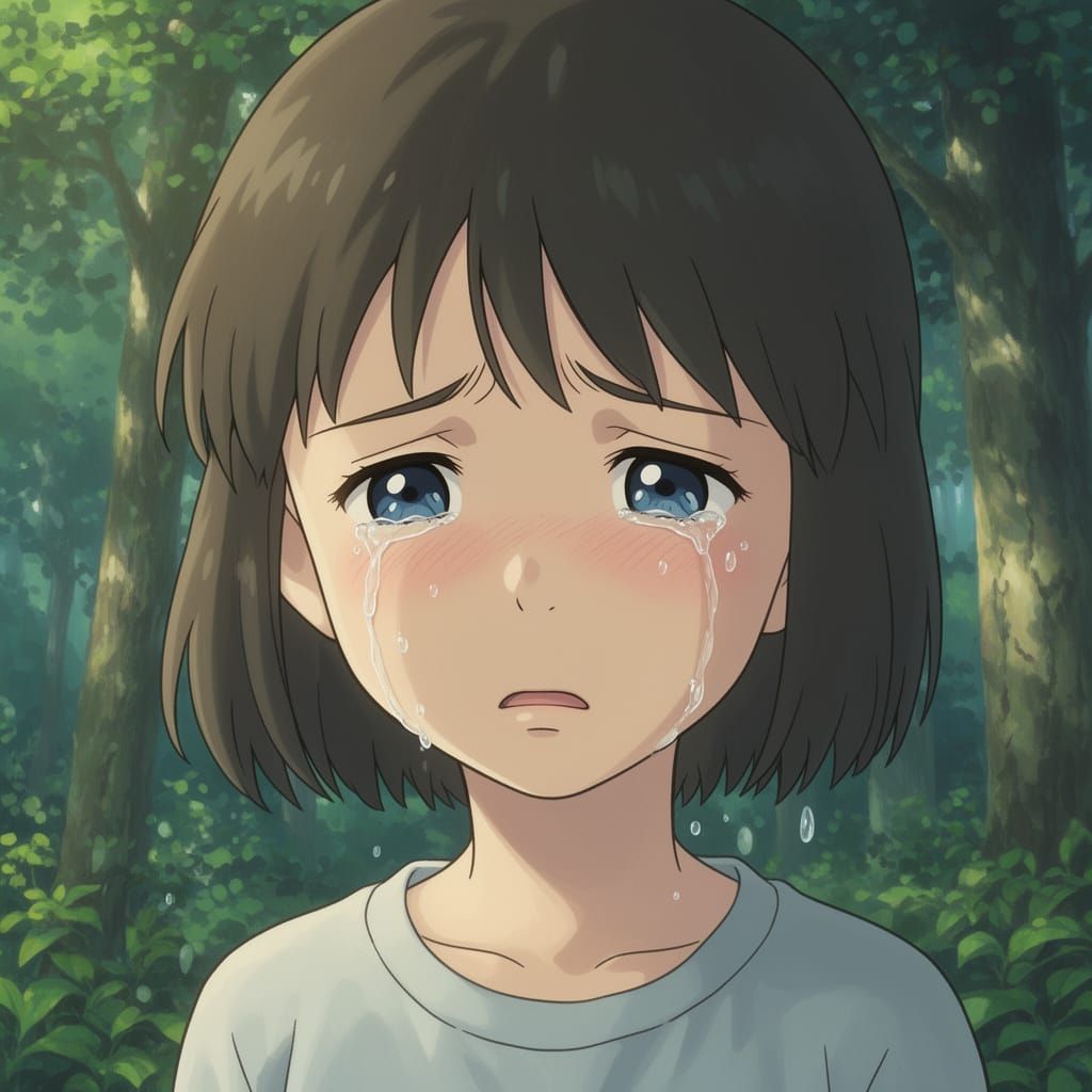 Sad Young Girl in Anime Style