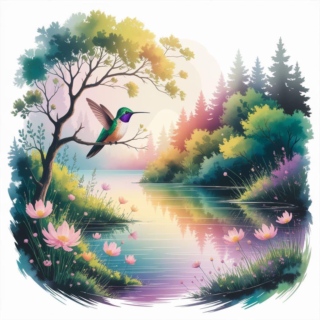 Hummingbird in Enchanting Watercolor Forest Scene