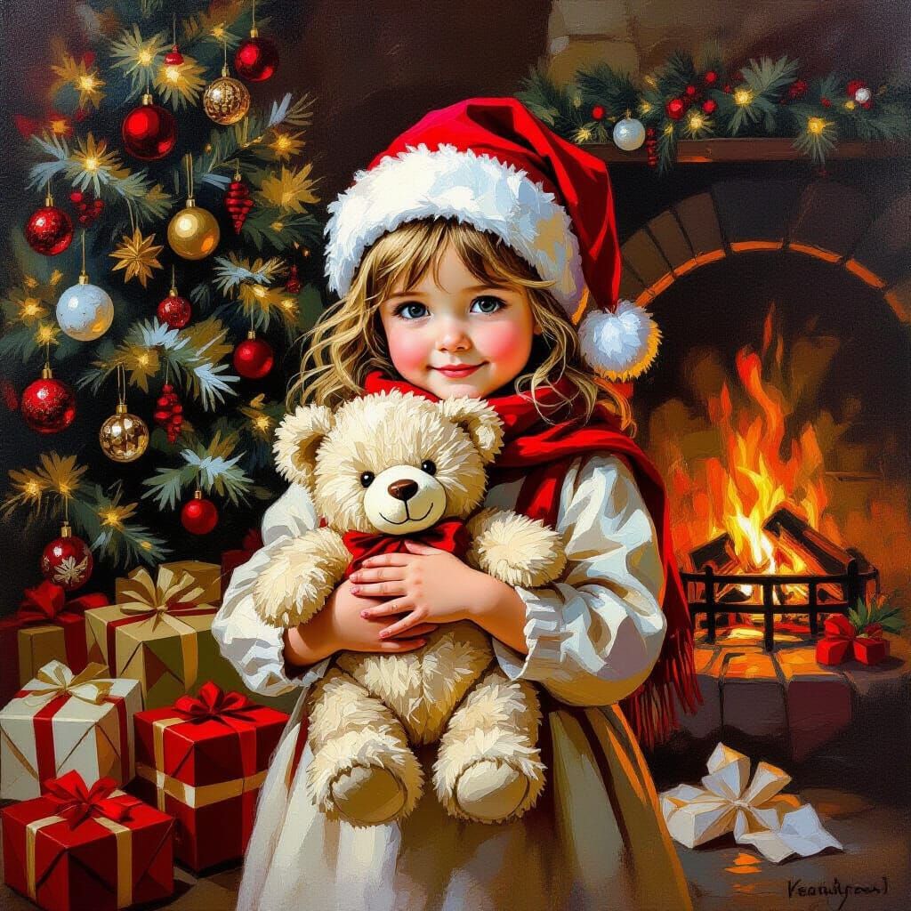 Little Girl Hugs Sloth Plush by Christmas Tree