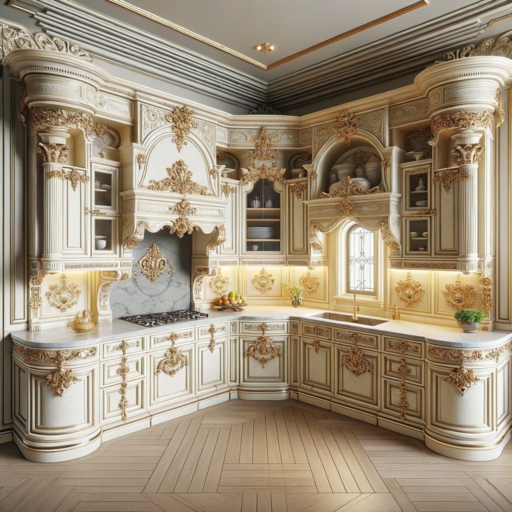 Luxurious Baroque L-Shaped Kitchen with Gold Accents
