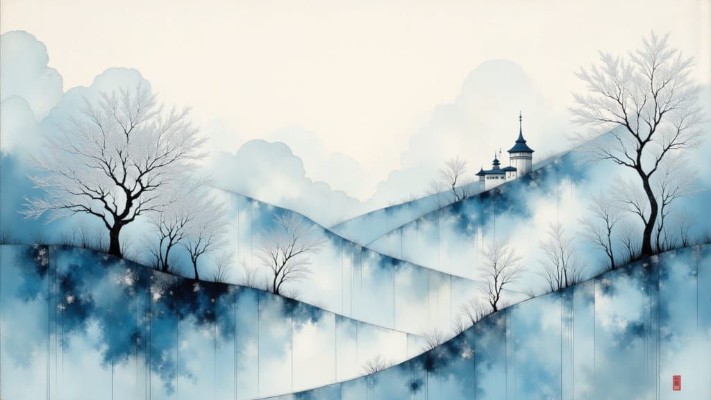 Minimalist Landscape with Village in Soft-Focus Watercolor S...