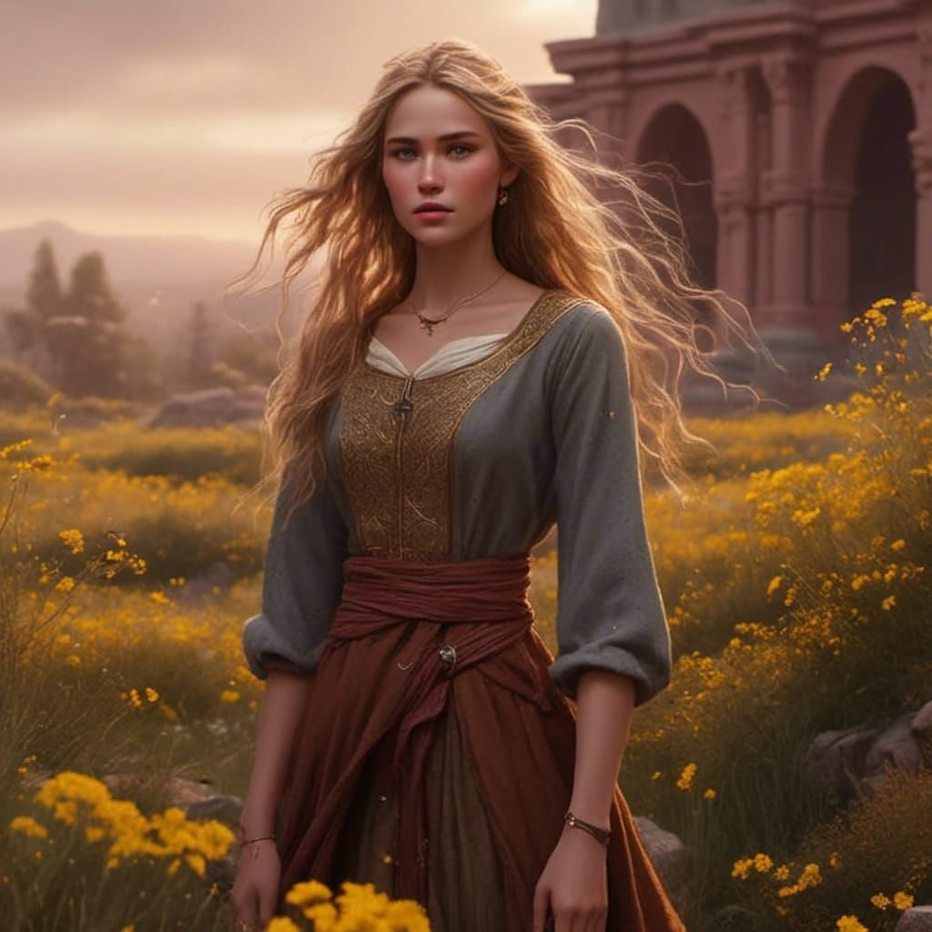 Medieval Woman in Field of Flowers, Digital Art