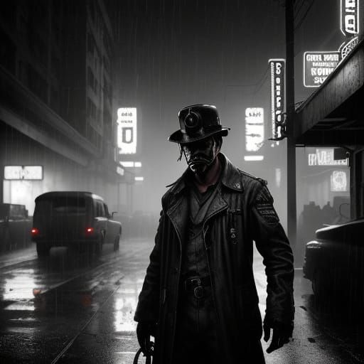 Dieselpunk Mechanic in Rain-Soaked Cityscape