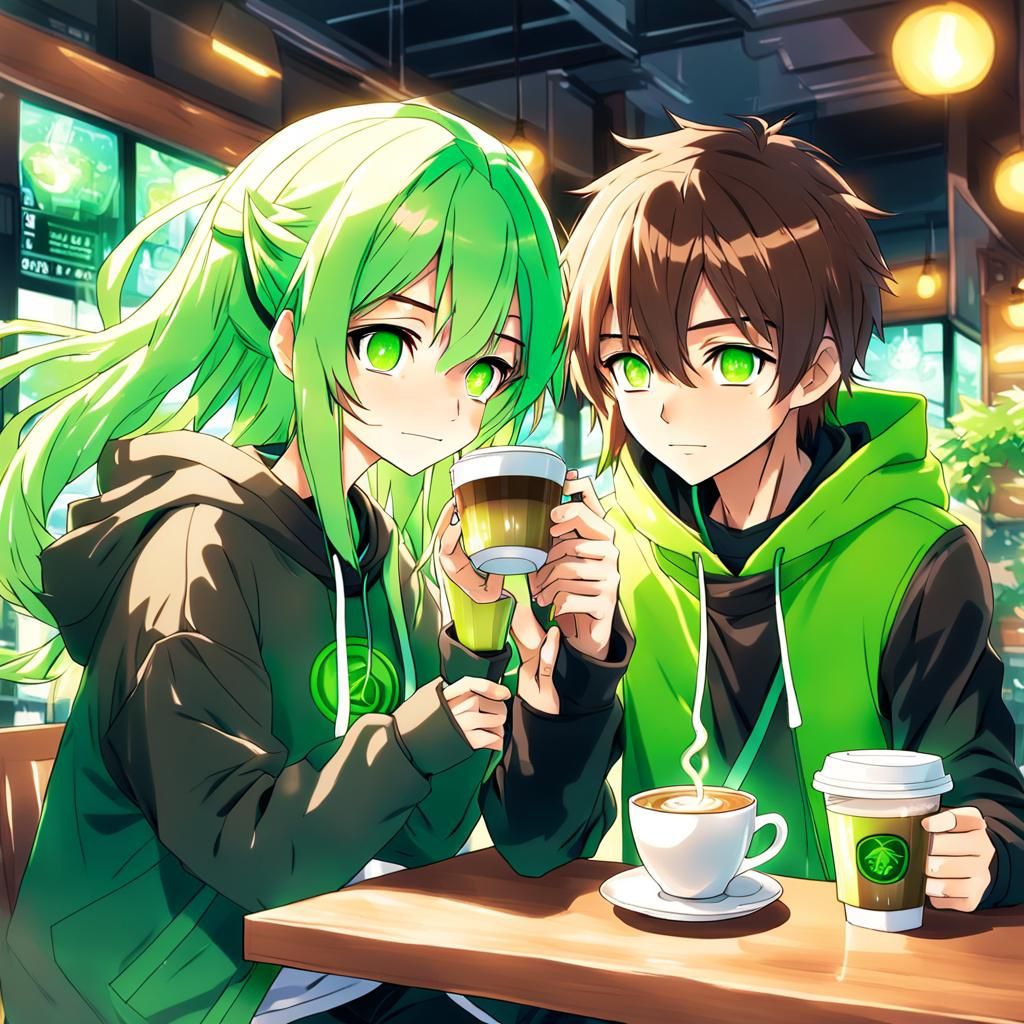 Anime Couple Enjoying Coffee at Biophilic Cafe