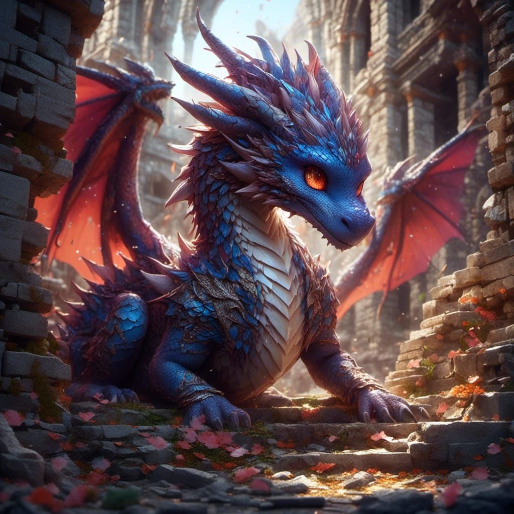 Young Dragon Hiding in Ruins: Hyperrealistic Art