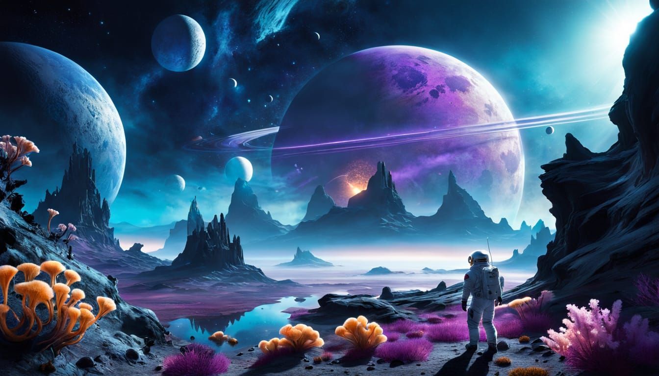 Astronaut and Bioluminescent Fauna on Alien Planet