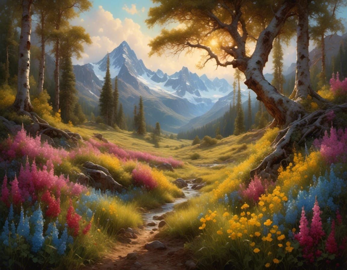 Birch Trees and Wildflowers in Golden Hour Light