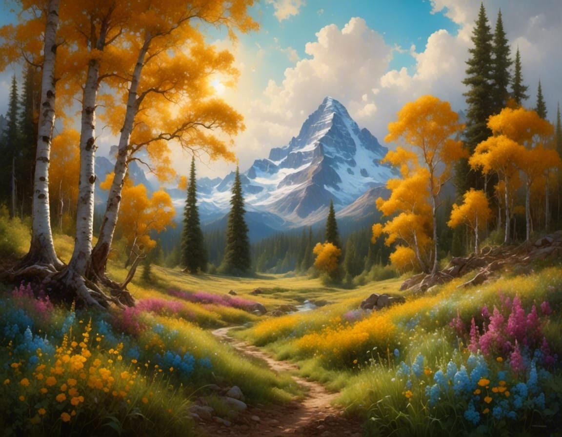 Wildflower Meadow with Birch Trees in Watercolor