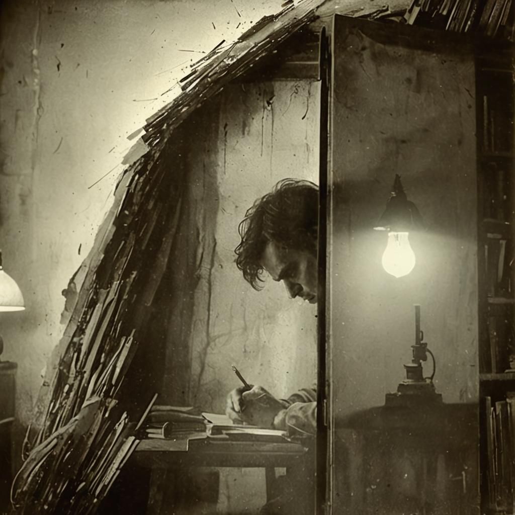 Melancholic Writer in Dimly Lit Room: Surreal Still Life