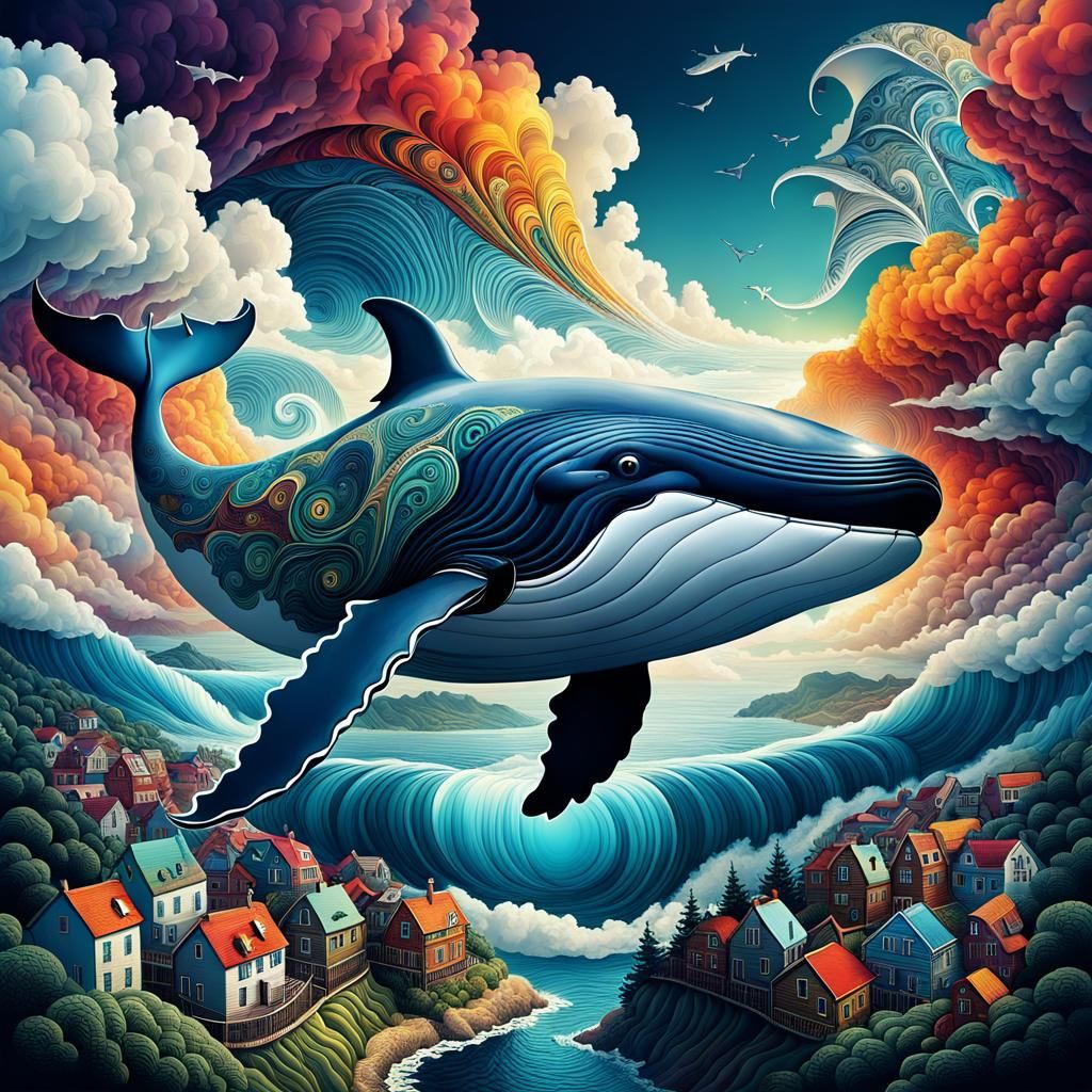 Whale Floats Among Clouds in Abstract Style