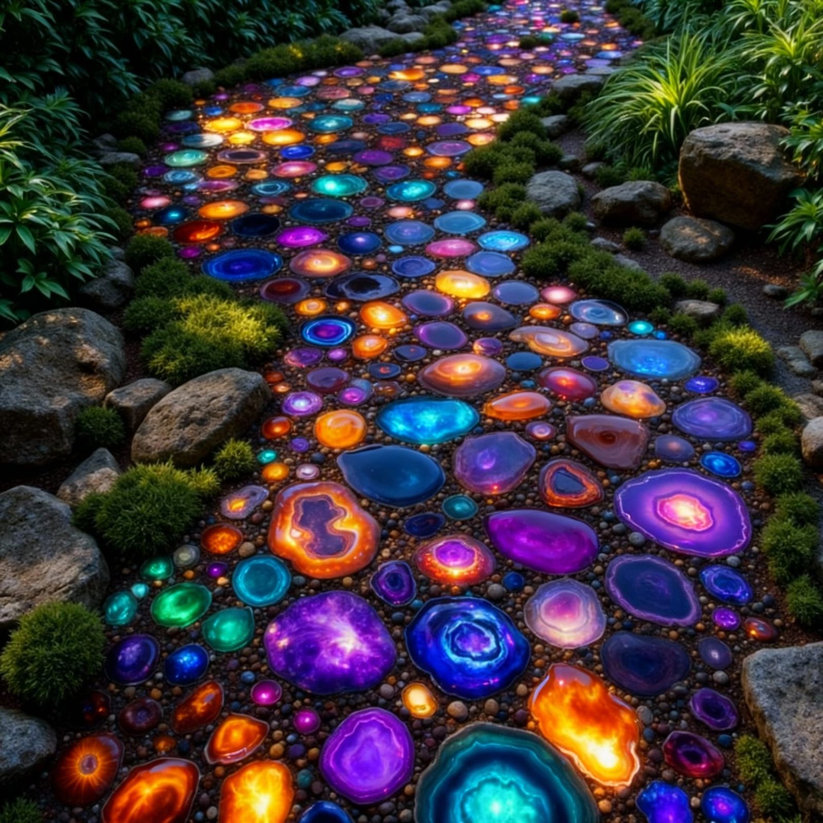 Vibrant Agate Garden Path Illuminated by Sunlight