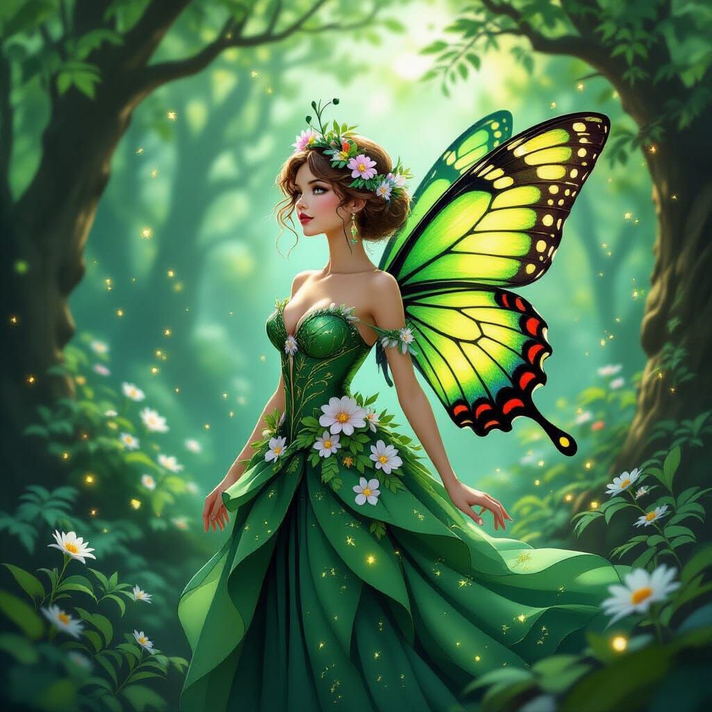 Butterfly Fairy in Enchanted Forest, Art Nouveau Style