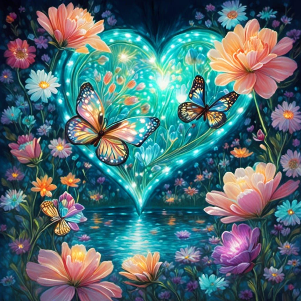 Aurora Borealis and Butterfly Heart with Flowers