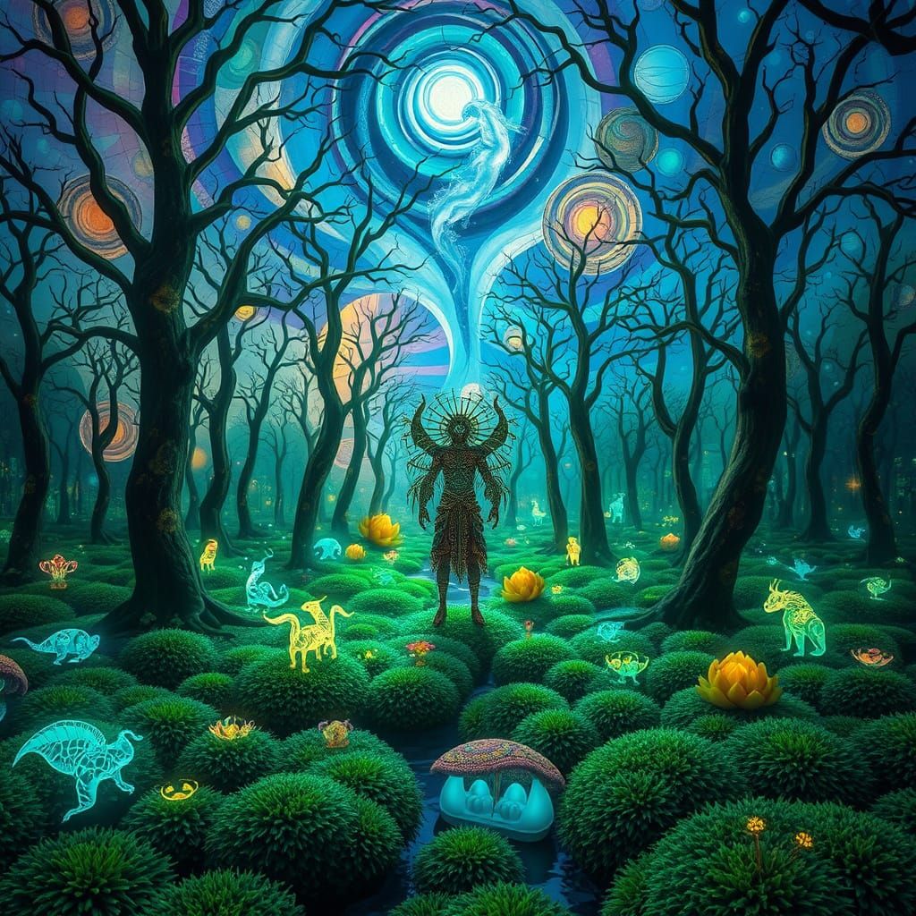 Surreal Stained Glass Forest with Swirling Nebulae and Biolu...