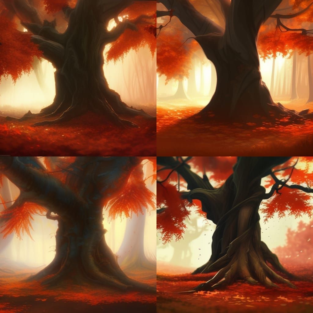 Autumn Maple Tree in Fantasy Forest, Detailed Art