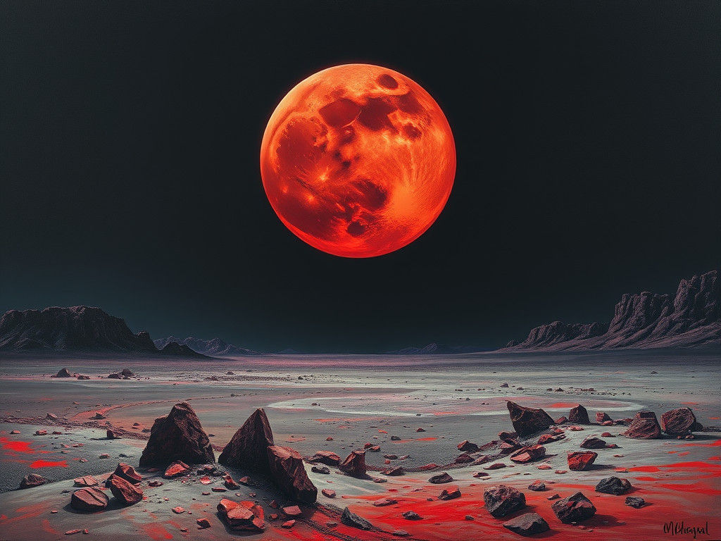 Crimson Moon Over a Barren World: Surreal Landscape