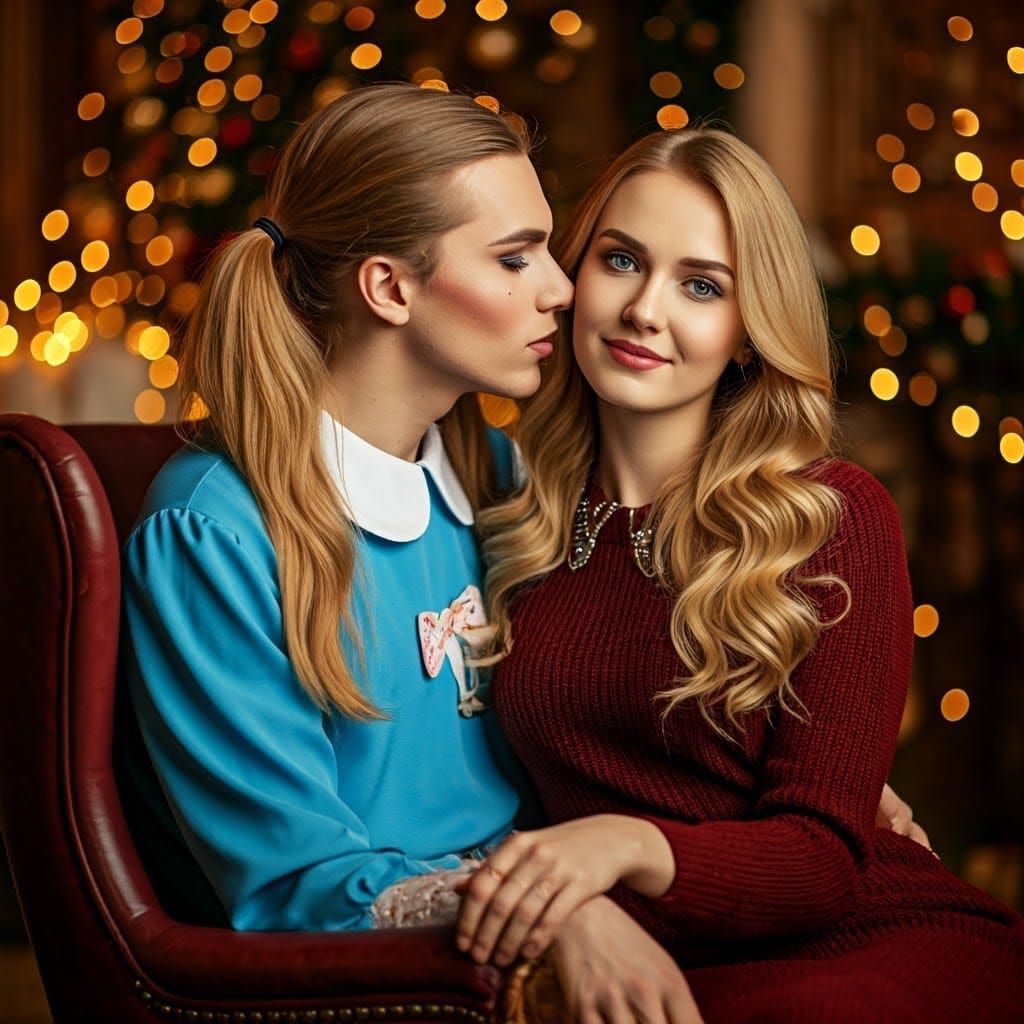 Whimsical Christmas Moment: A Young Couple's Tender Kiss