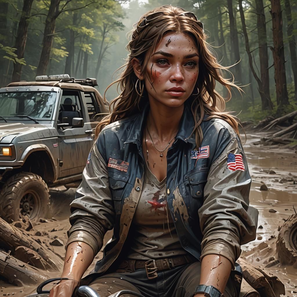 Mud Riding Girl in Ford Bronco, Hyperdetailed Portrait