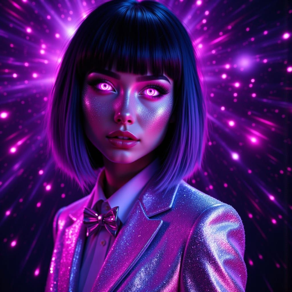 Woman in Iridescent Tuxedo with Glowing Eyes in Outer Space