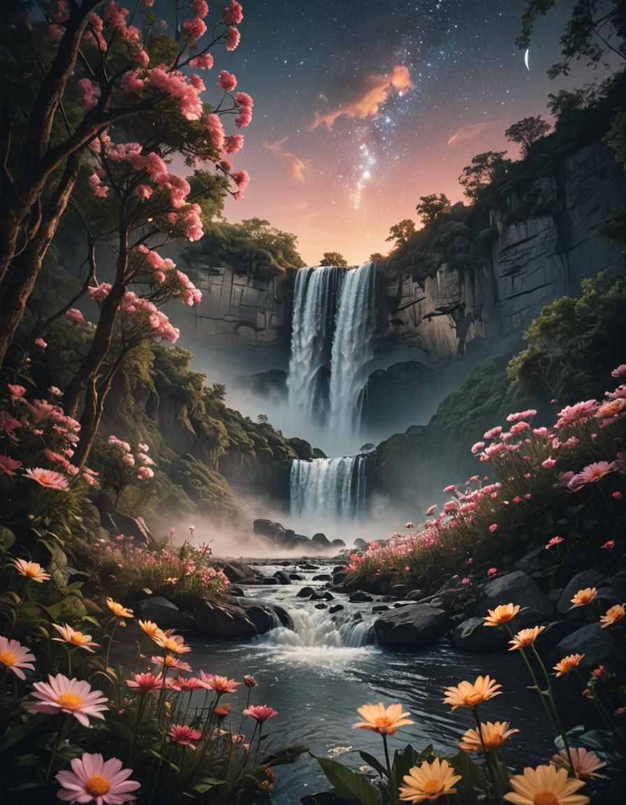 Surreal Rivers Flow to Sky in Moonlit World