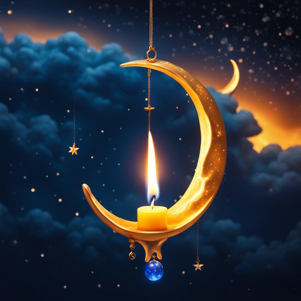 Dreamy Crescent Moon Candle in Starry Sky
