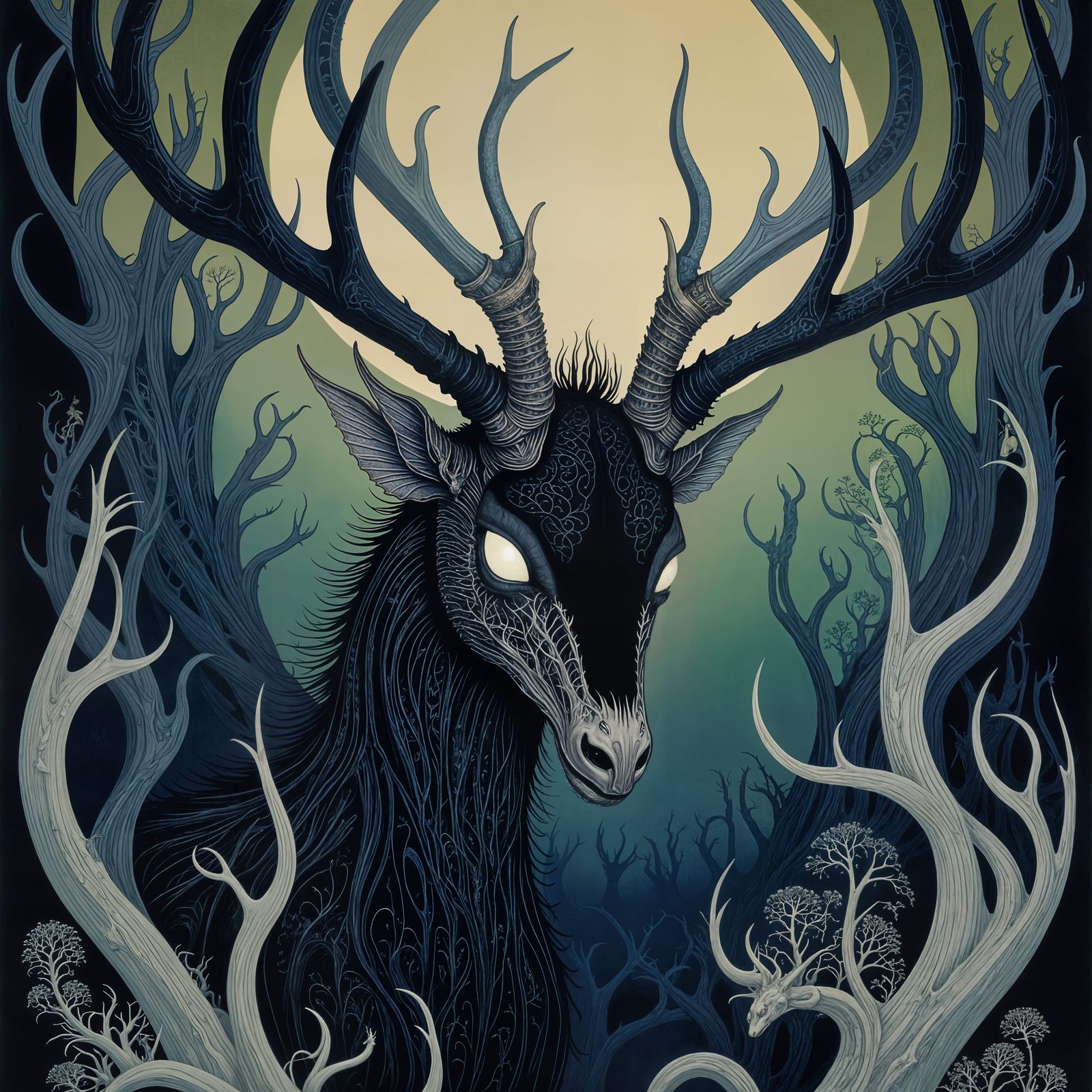 Ethereal Dark Fantasy Stag Dragon in a Mystical Moonlit Fore...