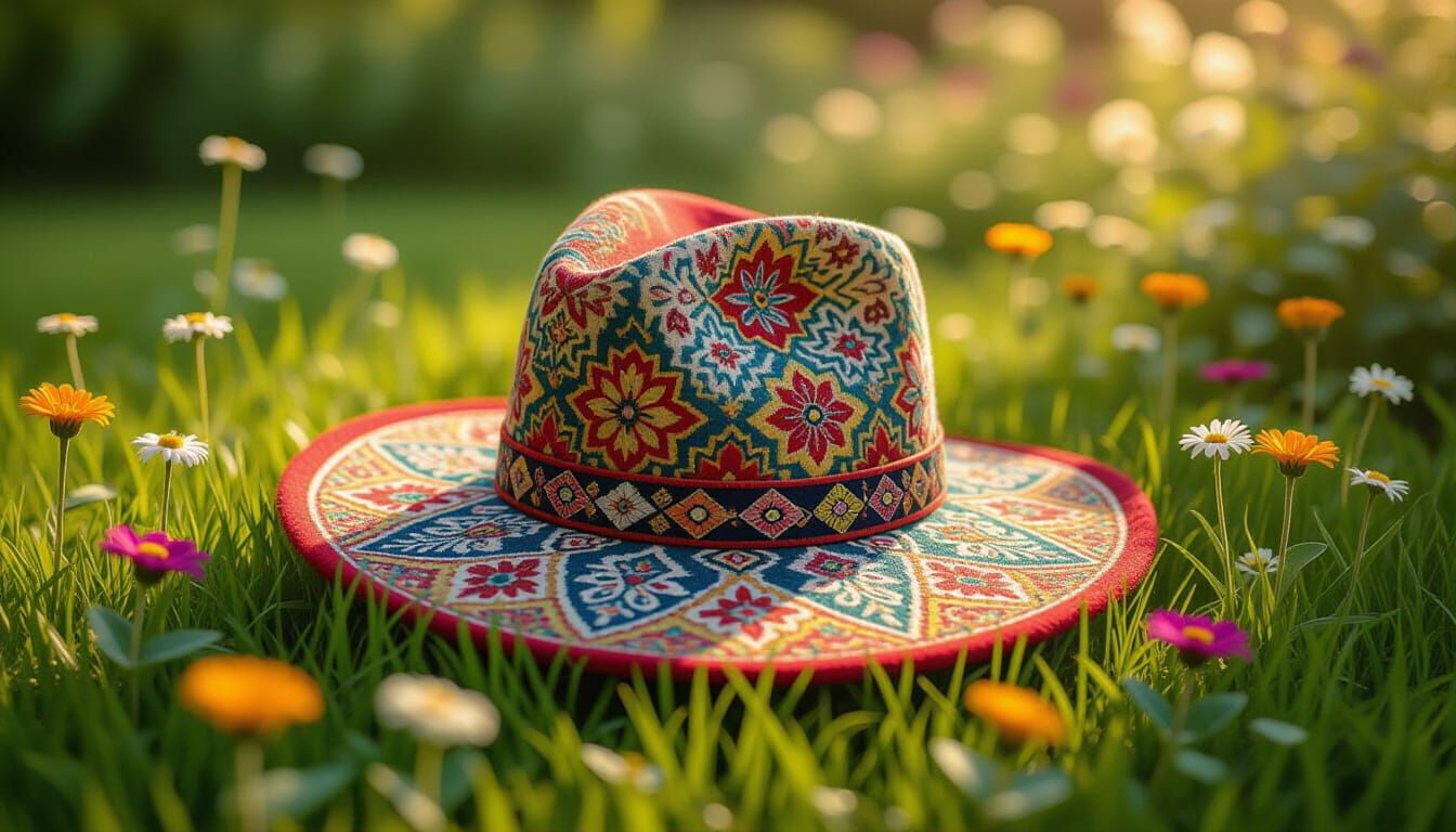 Boho Hat on Green Lawn in Folk Art Style