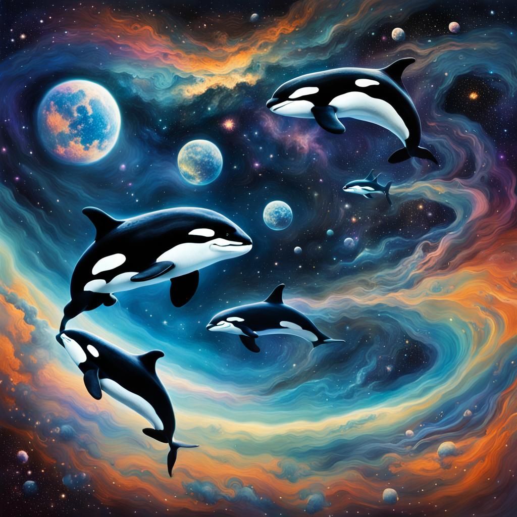 Orcas Swimming Through Cosmos in Surrealist Style