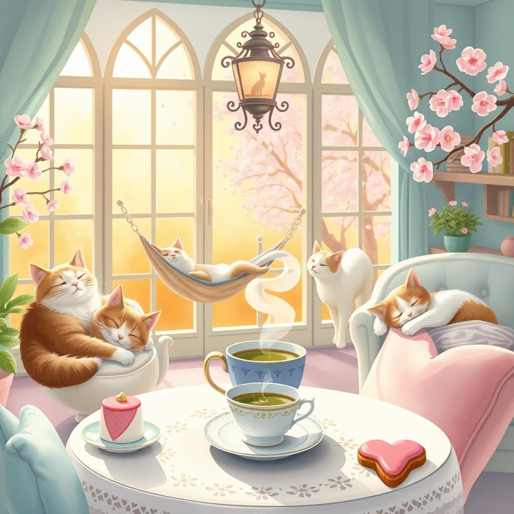 Sunlit Cat Café with Whimsical Pastel Hues and Sleepy Feline...
