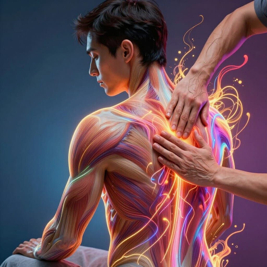 Surreal Massage Illustration with Glowing Muscles and Neon E...