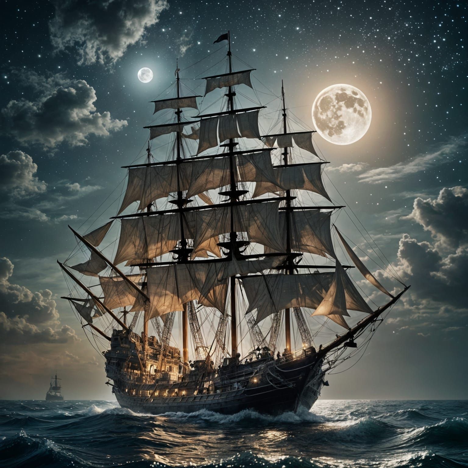 Moonlit Pirate Ship at Night: Cinematic Film Still