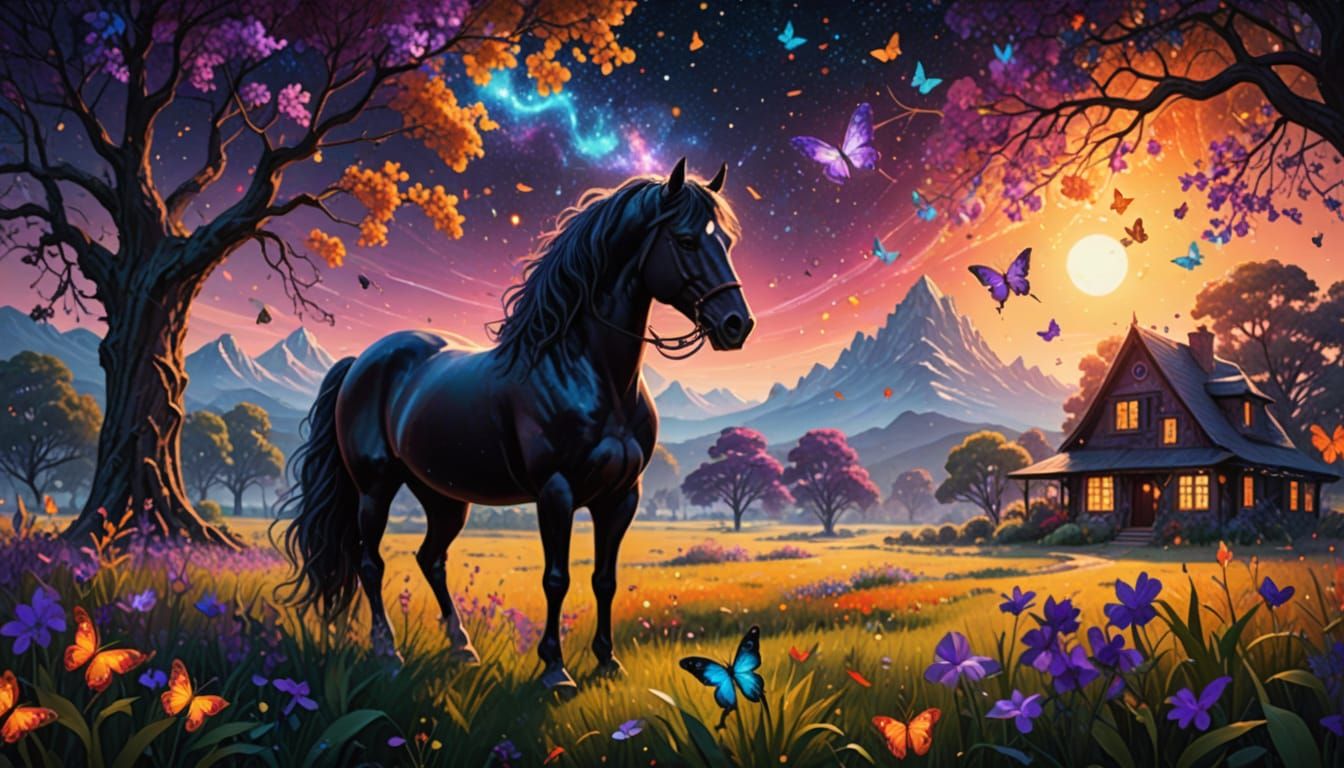 Surreal Cosmic Landscape with Friesian Horse and Whimsical E...