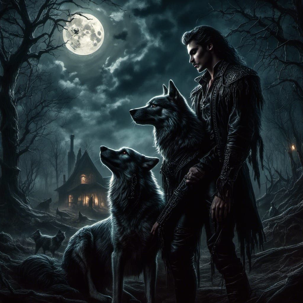 Gothic Vampire and Wolf Companion in Burtonesque Style