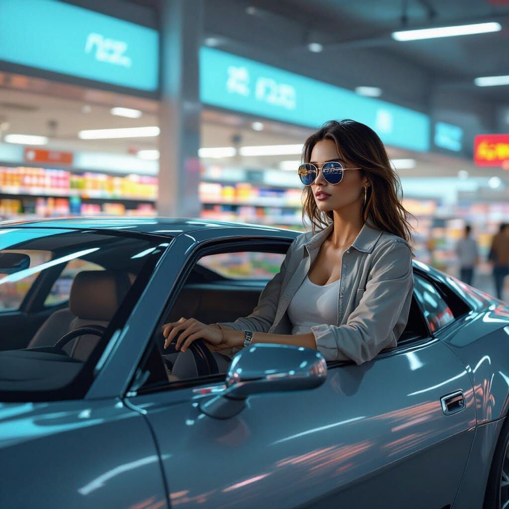 Woman Drives Futuristic Car to Supermarket