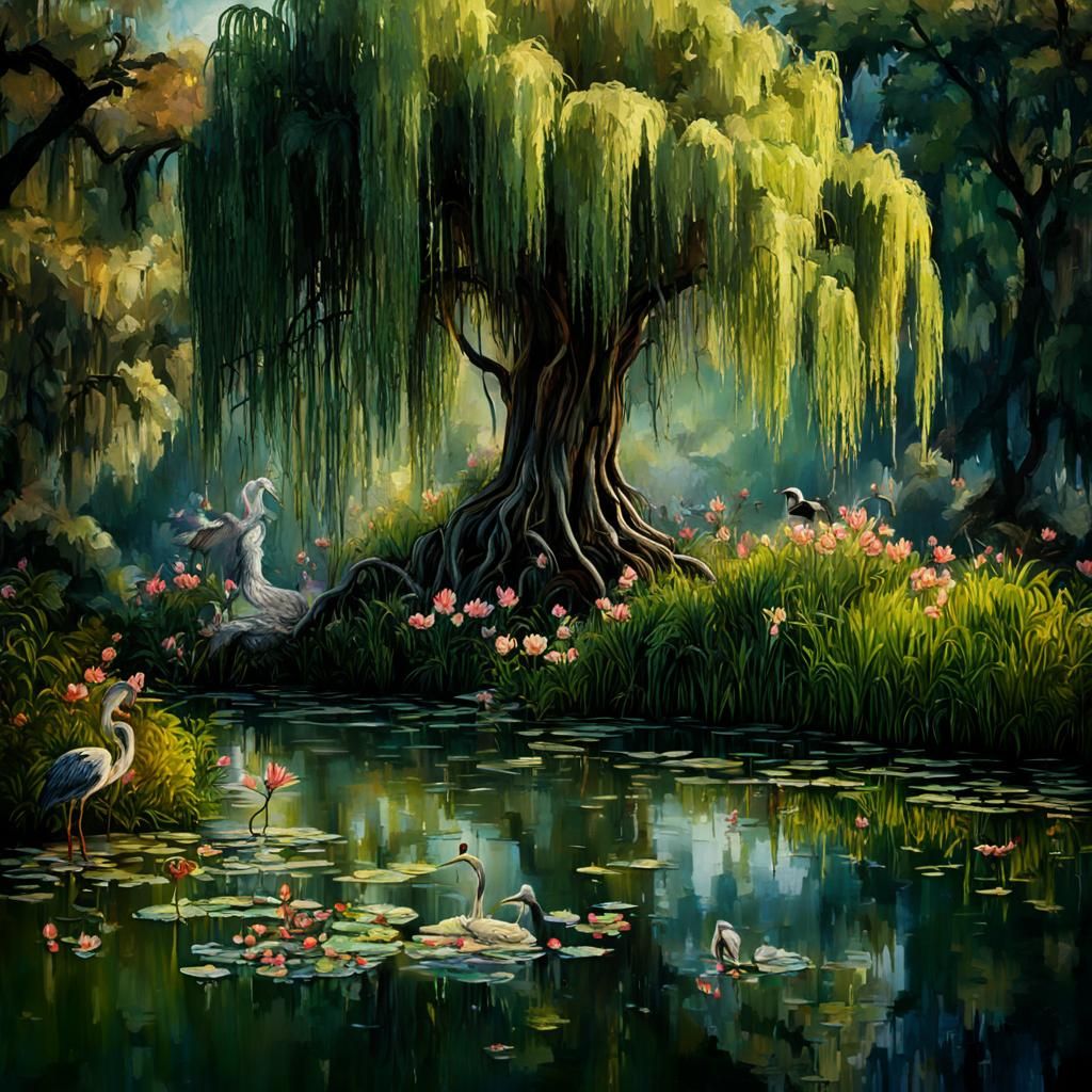 Weeping Willow on Romantic Pond in Hyperrealistic Splash Art