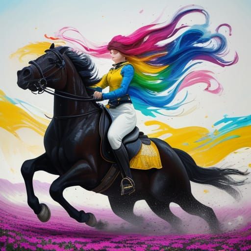 Vibrant Oil Painting of Woman on Horse in Flower Field