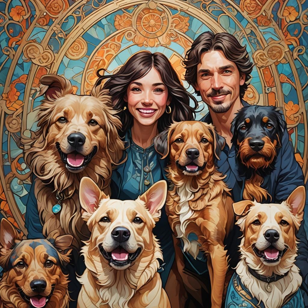 Dog Photobomb in Hyperrealistic Art Nouveau Portrait