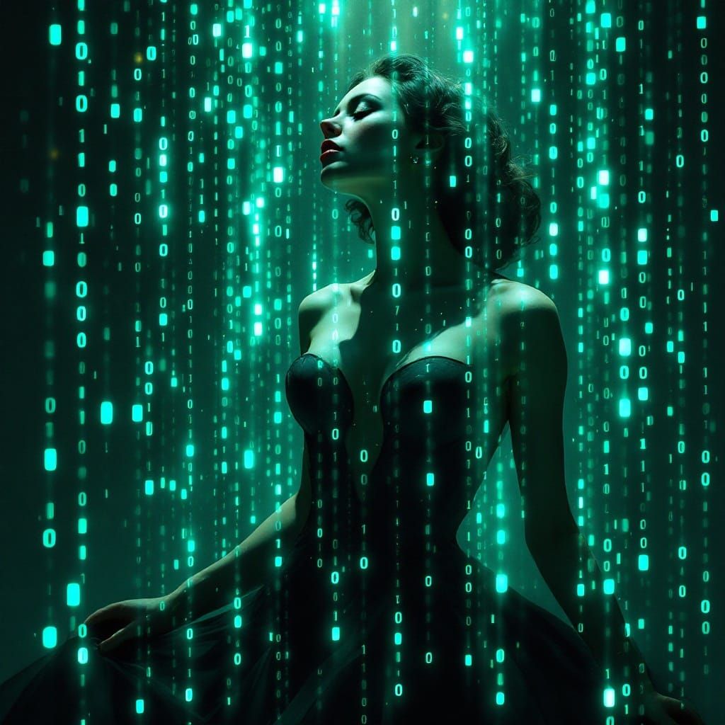 Glowing Digital Code Rains Down on a 1950s Pin Up Woman in C...