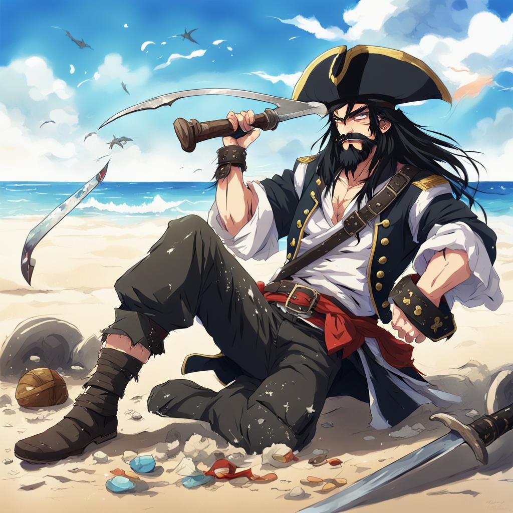Drunken Pirate on Destroyed Beach in Anime Style