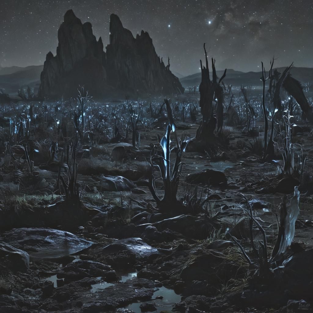 Alien World with Bioluminescent Plants and Crystals